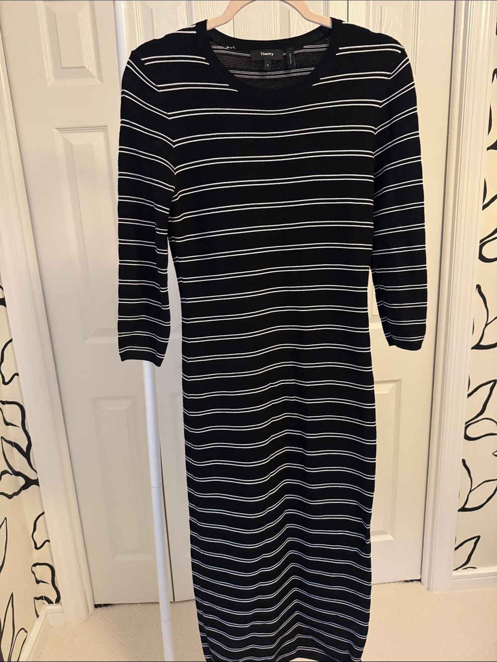 Theory Black and White Striped Long Sleeve Knit Dress